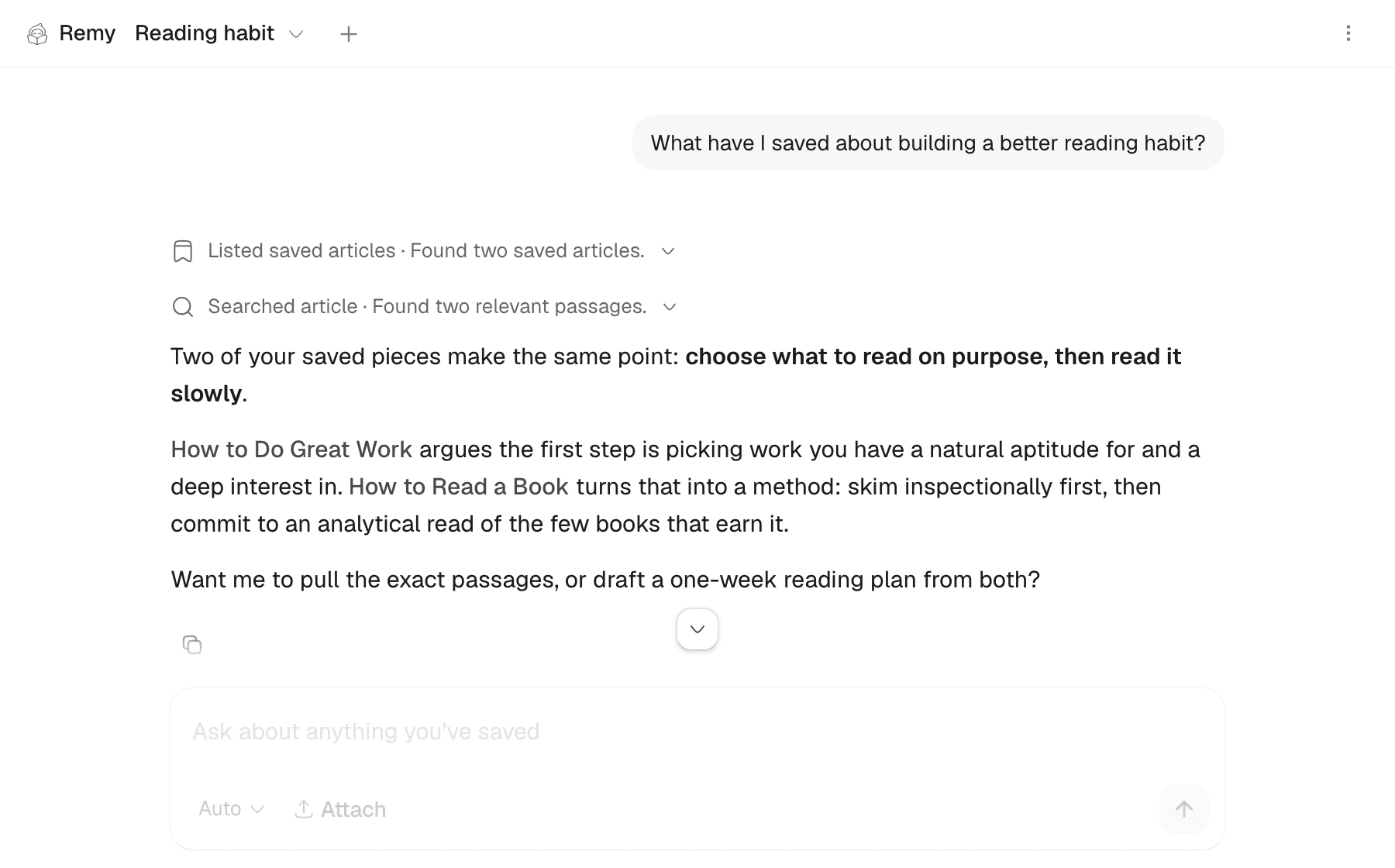 Remy, the smry assistant, answering a question about building a reading habit by citing two saved articles.