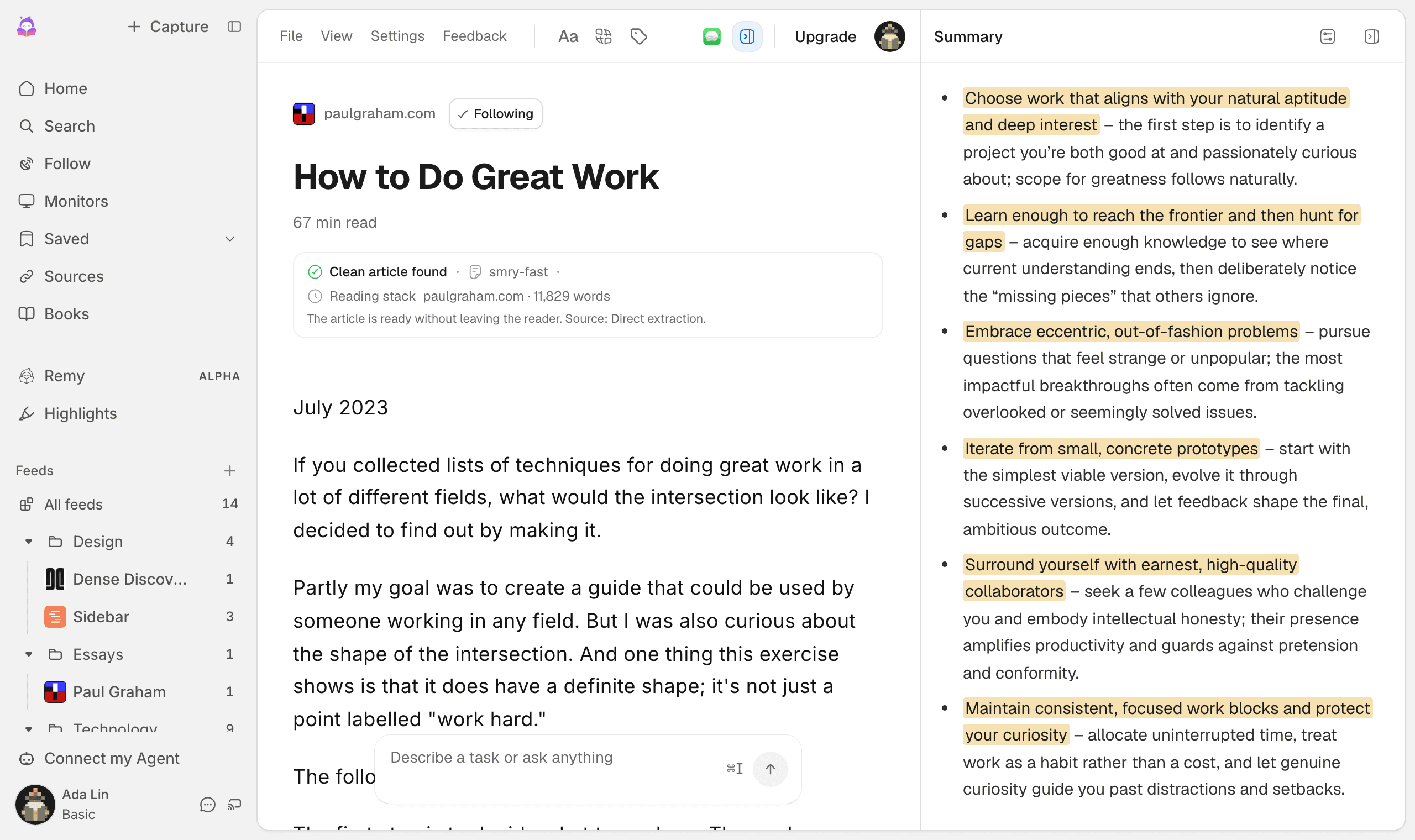 O leitor do smry com o ensaio How to Do Great Work em texto limpo, ao lado de um painel de resumo cujos pontos-chave aparecem destacados no artigo.